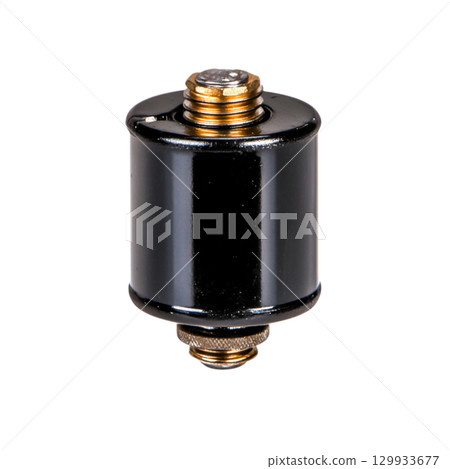 Black cylindrical object with threaded top and bottom designed for mechanical applications 129933677