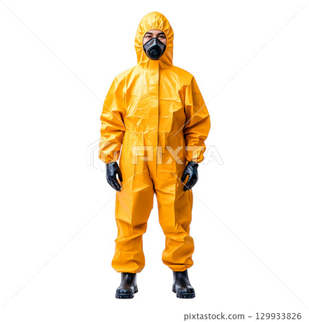 Person in Protective Suit with Gas Mask Standing Against a Plain Background for Safety Imagery 129933826