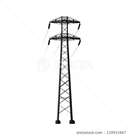 High Voltage Power Line Tower with Crossarm Structure on a Plain Background 129933867