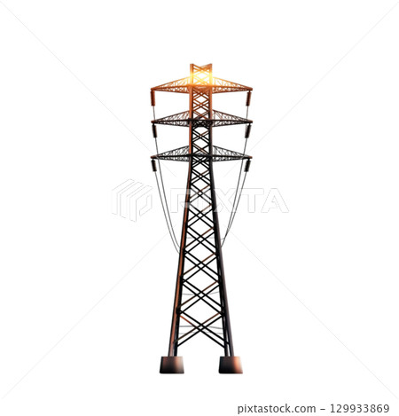 High Voltage Power Tower During Sunset Illuminated with Orange and Yellow Glow in Nature 129933869