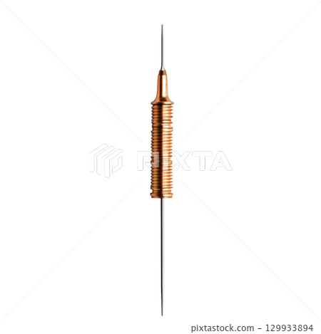 Metallic copper wire with sharp needle tip on transparent background for electronic applications 129933894