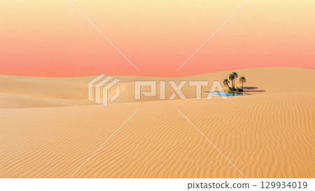 Lonely palm tree on small oasis in vast desert under clear blue sky. Generative AI. 129934019