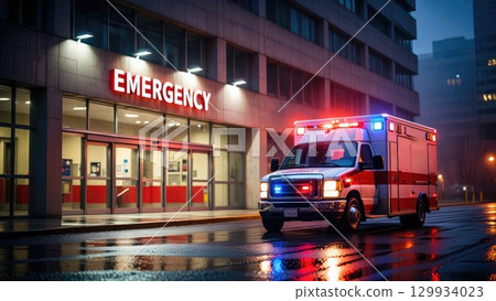 Emergency ambulance with lights on parked in front of a hospital entrance at night. Realistic and dramatic lighting. Generative AI 129934023