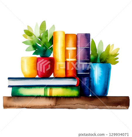 Colorful Books and Plants Arrangement on Shelf for Cozy Home Decor and Inspiration 129934071