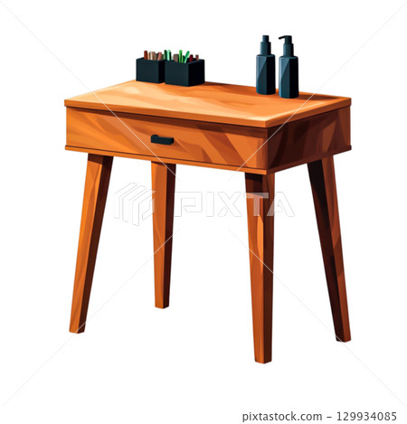 Stylish Wooden Desk with Stationery Supplies for Creative Work and Organization 129934085