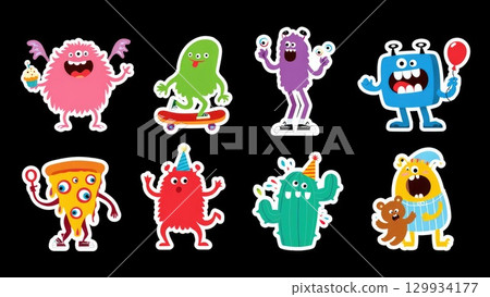 Colorful monster stickers in cartoon style on black background. Fun and playful design. Generative AI. 129934177
