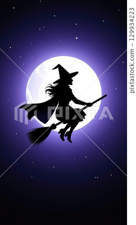 Silhouette of witch flying on broom against full moon, magical Halloween vertical smartphone wallpaper. Generative AI. 129934223