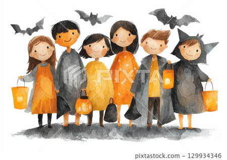 Watercolor Children with Lanterns and Bats in Halloween Costumes 129934346