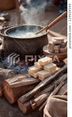 Traditional African Soap-Making Setup with Boiling Pot and Soap Bars Outdoors 129934349
