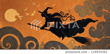 Vintage Witch Silhouette on Broomstick with Crescent Moons and Swirls 129934362