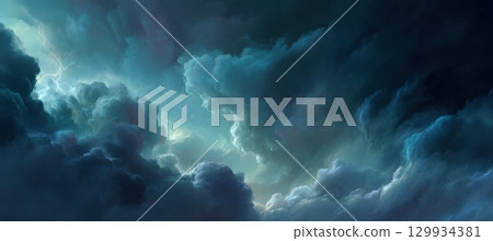 Dramatic Stormy Sky with Stylized Clouds and Faint Lightning 129934381