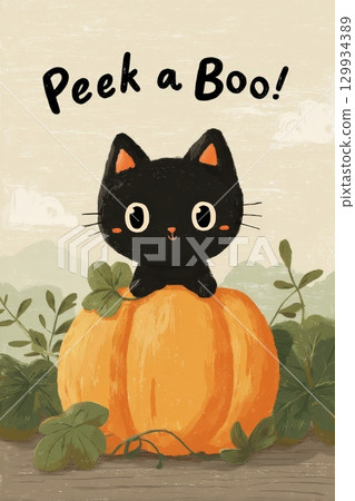 Cute Black Cat Peeking Over Pumpkin with "Peek-a-Boo!" Text Illustration 129934389