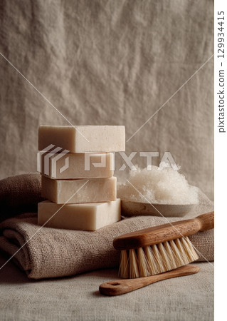 Hand-Cut Soap Bars with Raw Shea Butter and Brush on Linen Cloth 129934415