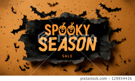 Stylized Halloween Sale Ad with Torn-Paper Edge and Bats 129934416
