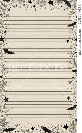 Halloween-Themed Lined Paper with Doodles of Bats, Ghosts, and Stars 129934428
