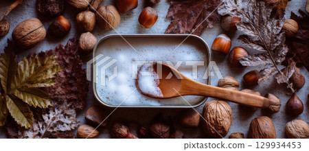 Top-Down View of Soap Tin with Wooden Spoon and Natural Elements 129934453
