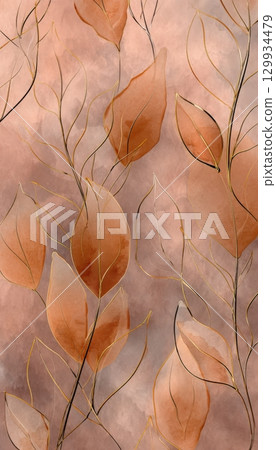 Abstract Ink-and-Wash Autumn Background with Copper Leaf Outlines 129934479