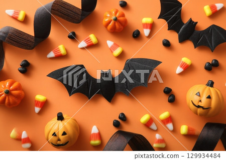 Halloween Flat Lay with Candy Corn, Bats, and Pumpkins on Orange Background 129934484