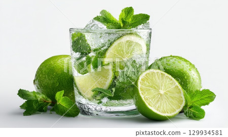 Refreshing Mojito Cocktail with Lime and Mint on White Background Refreshing Mojito Cocktail with Lime and Mint on White Background 129934581