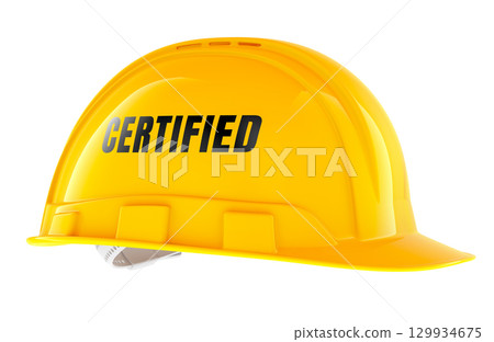 Construction hard hat with certified text. 3D rendering Construction hard hat with certified text. 3D rendering 129934675