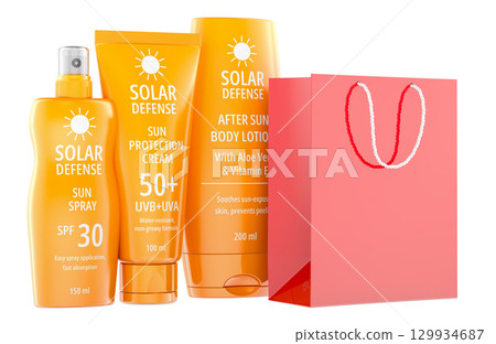 Solar defense sun care products with shopping bag. 3D rendering 129934687