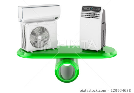 Split system or portable air conditioner on balance scale, concept of cooling choice and energy efficiency. 3D rendering 129934688