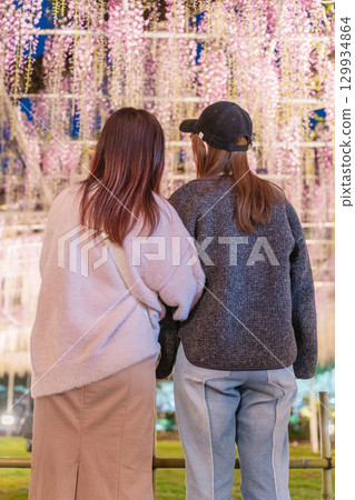 Wisteria flowers and sisters from behind 129934864