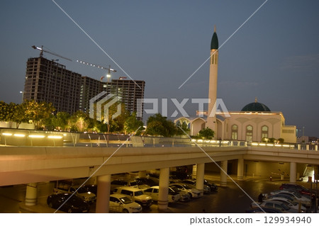 Mosque at night (in front of Medina Station, Saudi Arabia) 129934940