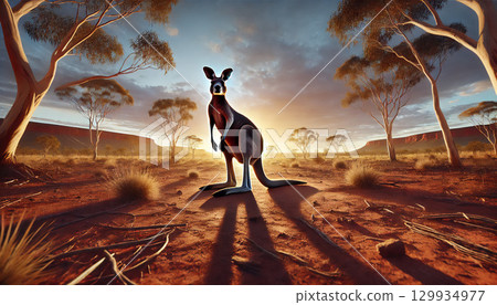 Silhouette of a kangaroo standing in the wilderness at sunset 129934977