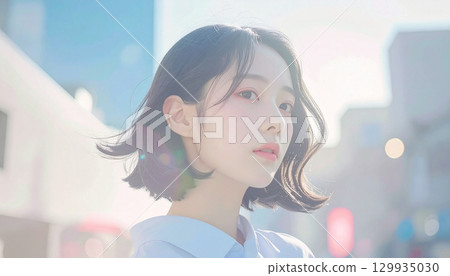 一位年輕女子在燈光下展望未來。柔和的色彩。 129935030