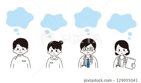 Vector illustration of a worried doctor and nurse with speech bubbles. Negative facial expressions of medical workers. 129935041
