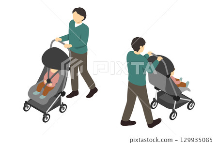 Isometric illustration: Dad pushing a stroller 129935085