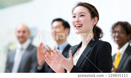 Smiling Japanese Businesswoman Presenting | Trust and Leadership in a Diverse Workplace Smiling Japanese Businesswoman Presenting | Trust and Leadership in a Diverse Workplace 129935111