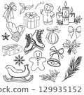 Christmas new year stickers in cartoon style. Holiday Christmas Sticker Set Free Hand Drawn 129935152