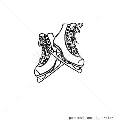 Hand drawn winter figure skates. Sketch of ice figure skates for figure skating in winter. Winter active outdoor recreation. Outline drawing of shoes with blades for figure skating isolated.  129935156