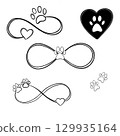 Big set line art illustration pet care, dog footprint. Dog paw tattoo idea, dog footprint 129935164