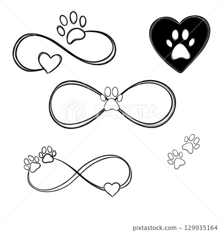 Big set line art illustration pet care, dog footprint. Dog paw tattoo idea, dog footprint Big set line art illustration pet care, dog footprint. Dog paw tattoo idea, dog footprint 129935164