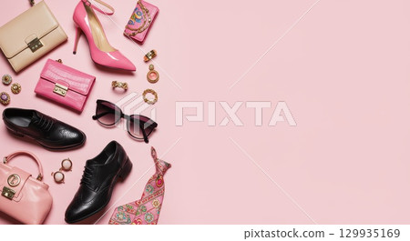 彩色背景圖像，配有時尚鞋、包包和配件 129935169