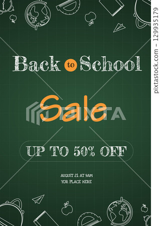Ready-made template on the theme of back to school. Green chalkboard with school supplies and a discount test in the middle. Vector background 129935179