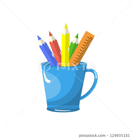 Blue cup with multicolored pencils and a ruler inside. Vector illustration, hand-drawn, on a white background. Concept of school, office, stationery Blue cup with multicolored pencils and a ruler inside. Vector illustration, hand-drawn, on a white background. Concept of school, office, stationery 129935181