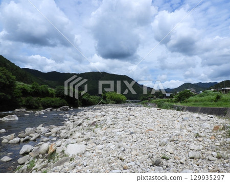 清澈的溪流和夏日天空的山河景觀 129935297