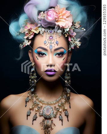 獨特的特殊髮型和妝容:使用 AI 創建的美麗女性形象(豎圖) 獨特的特殊髮型和妝容:使用 AI 創建的美麗女性形象(豎圖) 129935393