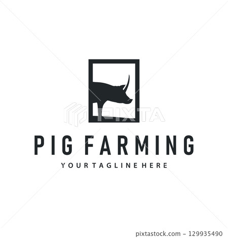 Pig logo concept design black silhouette of pig farm with simple pig animal illustration product brand design template and also farming symbol 129935490