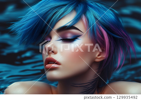 Unique special hair and makeup styles: Beautiful female figures generated by AI (horizontal photo) 129935492