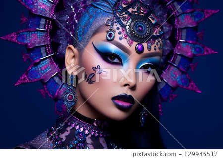 Unique special hair and makeup styles: Beautiful female figures generated by AI (horizontal photo) 129935512