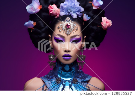 獨特的特殊髮型和妝容:AI 生成的美麗女性形象(橫向照片) 獨特的特殊髮型和妝容:AI 生成的美麗女性形象(橫向照片) 129935527