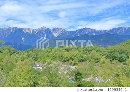Summer in Hakuba: View of the Northern Alps from the foot of the mountain 129935641
