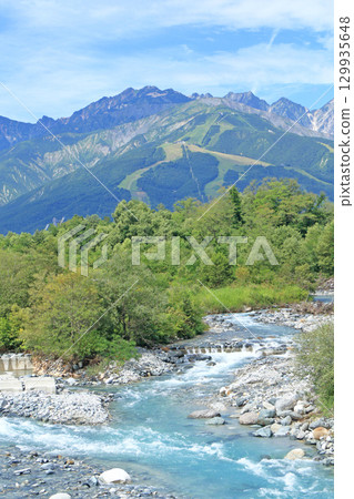 Summer in Hakuba: View of the Northern Alps from the foot of the mountain 129935648