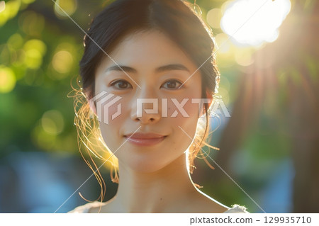 美麗的肌膚、日式髮型和妝容風格，AI生成的美女圖像（橫向照片） 129935710