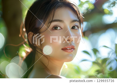 美麗的肌膚、日式髮型和妝容風格，AI生成的美女圖像（橫向照片） 129935716